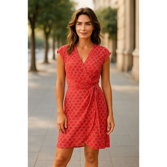Banana Republic XS Wrap Dress Coral White Circle Print Cap Sleeve Casual - Picture 1 of 5